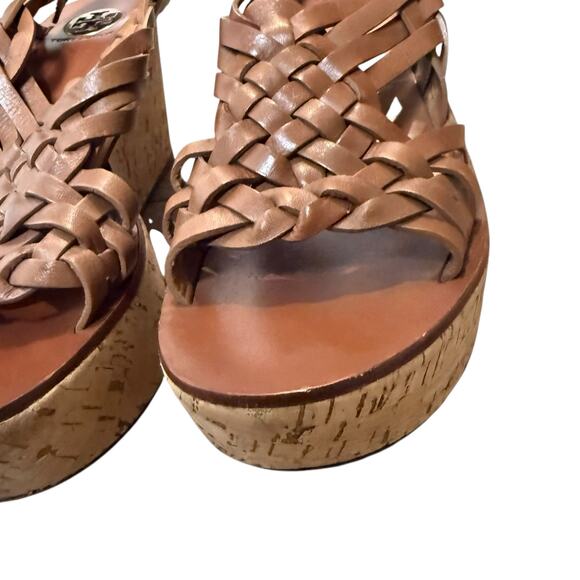 Tory Burch Killian Brown Leather Strappy Woven Cork Platform Wedge Sandals 9.5 - Picture 4 of 10